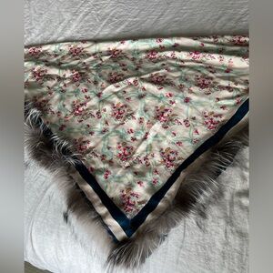 Fendi floral silk scarf/shawl with fox fur trim